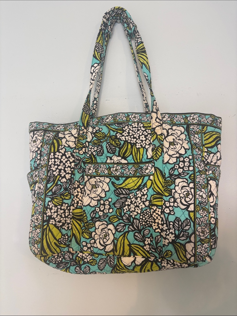Quilted Floral Tote Bag in Teal and Cream